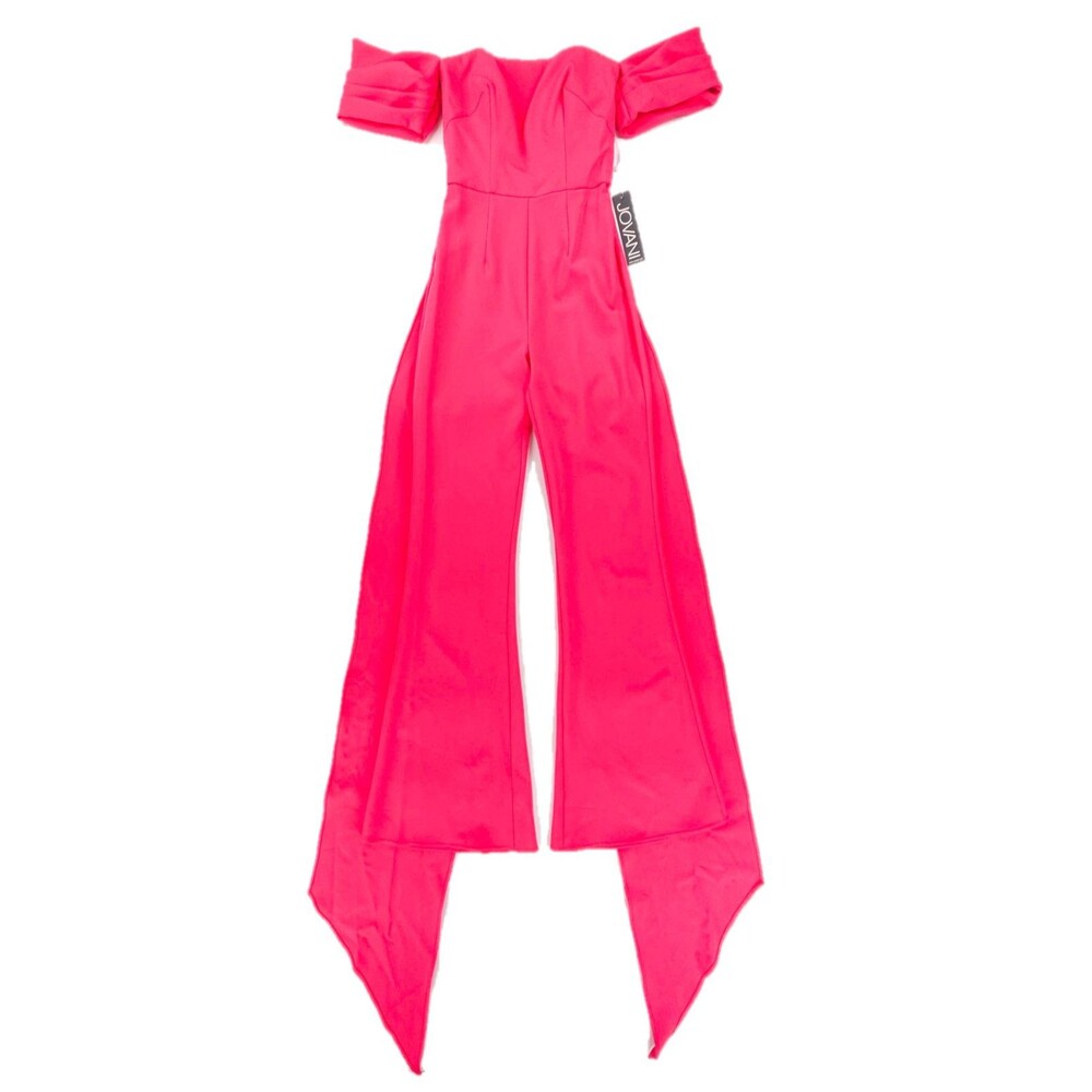 NWT Jovani 08209 Off-shoulder Straight Neck Draped Flare Jumpsuit Lipstick Pink